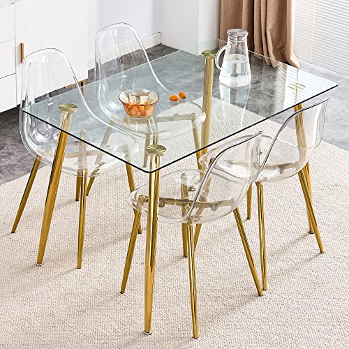 Clear Acrylic Ghost Chairs 4 Dining Chairs- Modern Dining Table Set, Cute Plastic Dinner Chair Set Armless Accent Side Desk Chair for Vanity Banquet Indoor Outdoor (Golden, Chairs Set of 4)