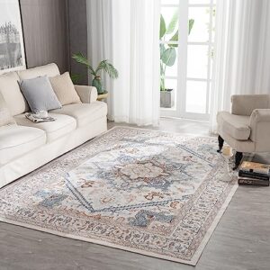 syalife washable rug vintage area rugs, 8'x 10' living room rug with non slip backing, ultra-thin medallion distressed non-shedding boho rug, persian vintage floor mat indoor rug (fg11-beige, 8'x 10')