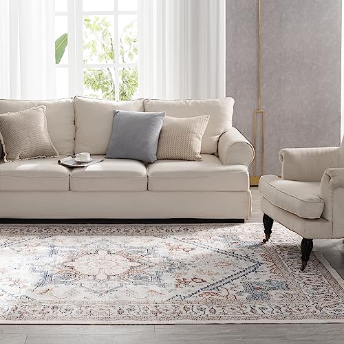 Syalife Washable Rug Vintage Area Rugs, 8'x 10' Living Room Rug with Non Slip Backing, Ultra-Thin Medallion Distressed Non-Shedding Boho Rug, Persian Vintage Floor Mat Indoor Rug (FG11-Beige, 8'x 10')