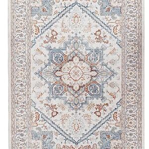 Syalife Washable Rug Vintage Area Rugs, 8'x 10' Living Room Rug with Non Slip Backing, Ultra-Thin Medallion Distressed Non-Shedding Boho Rug, Persian Vintage Floor Mat Indoor Rug (FG11-Beige, 8'x 10')