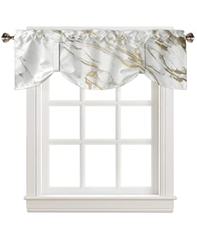 Tie Up Valance Curtains Rod Pocket 54 x 18In, White Gold Marble Short Curtain for Kitchen Cafe Bedroom Living Room Window, Thermal Insulated Decor Valances for Windows, Wild Symbol