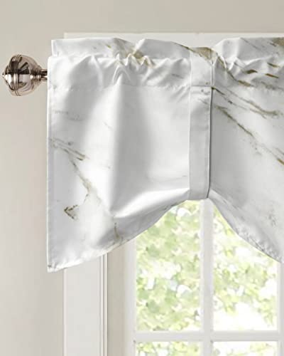 Tie Up Valance Curtains Rod Pocket 54 x 18In, White Gold Marble Short Curtain for Kitchen Cafe Bedroom Living Room Window, Thermal Insulated Decor Valances for Windows, Wild Symbol