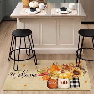 Xsinufn Fall Door Mat Outside,Pumpkin Leaf Sunflowers Welcome Mat for Front Door,Thanksgiving Autumn Indoor Outdoor Non-Slip Rugs,Fall Doormat for Farmhouse Home Porch Decorations 30" x 17"