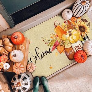 Xsinufn Fall Door Mat Outside,Pumpkin Leaf Sunflowers Welcome Mat for Front Door,Thanksgiving Autumn Indoor Outdoor Non-Slip Rugs,Fall Doormat for Farmhouse Home Porch Decorations 30" x 17"