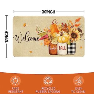 Xsinufn Fall Door Mat Outside,Pumpkin Leaf Sunflowers Welcome Mat for Front Door,Thanksgiving Autumn Indoor Outdoor Non-Slip Rugs,Fall Doormat for Farmhouse Home Porch Decorations 30" x 17"