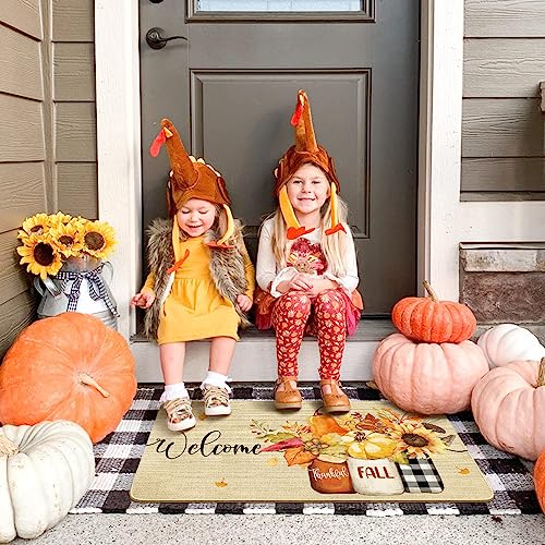 Xsinufn Fall Door Mat Outside,Pumpkin Leaf Sunflowers Welcome Mat for Front Door,Thanksgiving Autumn Indoor Outdoor Non-Slip Rugs,Fall Doormat for Farmhouse Home Porch Decorations 30" x 17"