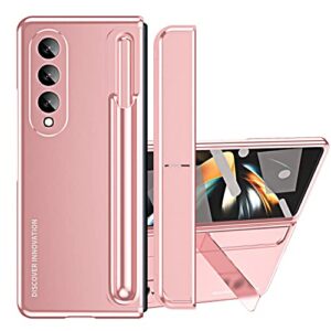eaxer for samsung galaxy z fold 4 case, full coverage protection, built in screen protector pen holder stand shockproof rugged case cover (pink)
