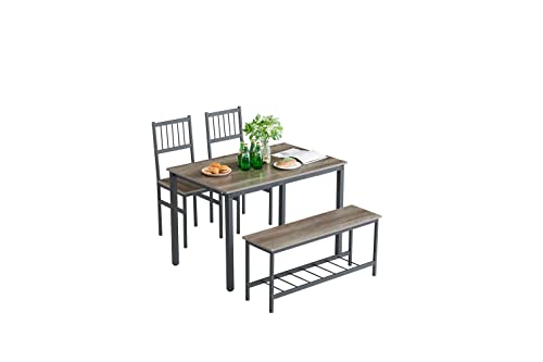 Tassullo 4pcs Kitchen Table Set, Small Dining Room Table Set and 2 Chairs for 4 with Bench, Sturdy and Noise-Free for Small Studio Apartment and Dorm Room (A)