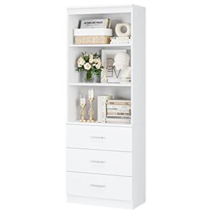 fotosok 71 inches tall storage cabinet, bookcase with 3 drawers and 3-tier open shelves, wooden bookshelf storage organizer for living room, study, kitchen, home office, white