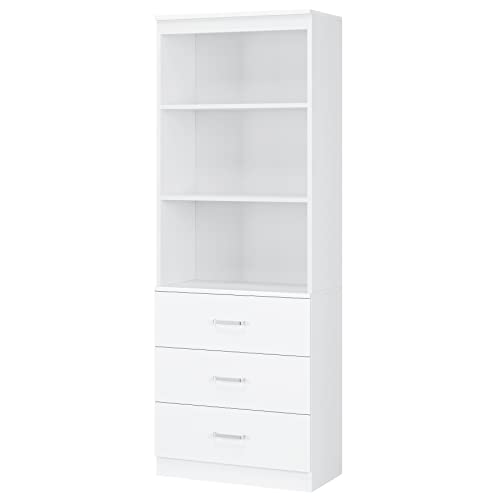 FOTOSOK 71 Inches Tall Storage Cabinet, Bookcase with 3 Drawers and 3-Tier Open Shelves, Wooden Bookshelf Storage Organizer for Living Room, Study, Kitchen, Home Office, White