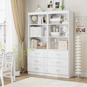 FOTOSOK 71 Inches Tall Storage Cabinet, Bookcase with 3 Drawers and 3-Tier Open Shelves, Wooden Bookshelf Storage Organizer for Living Room, Study, Kitchen, Home Office, White