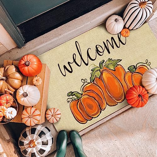 Faptoena Fall Door Mat Outside,Pumpkin Welcome Mat for Front Door,Thanksgiving Autumn Indoor Outdoor Non-Slip Rugs,Fall Doormat for Farmhouse Home Porch Decorations 30" x 17"