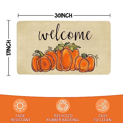 Faptoena Fall Door Mat Outside,Pumpkin Welcome Mat for Front Door,Thanksgiving Autumn Indoor Outdoor Non-Slip Rugs,Fall Doormat for Farmhouse Home Porch Decorations 30" x 17"