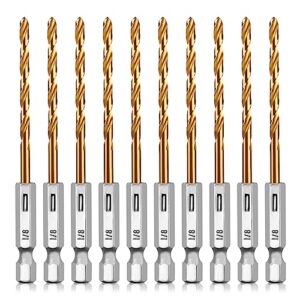 ubesths titanium twist drill bit set, 10 pcs 1/8" hex shank drill bits high speed steel for wood, plastic, aluminum alloy, metal, quick change