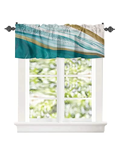 Abstract Curtain Valance for Window,Kitchen Rod Pocket Short Curtains Panel Turquoise White Gold Marble Texture Windows Treatment Drapes for Bathroom Living Room Decor 42x12In Stone Fluid Art