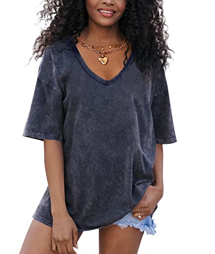 Flowyair Womens Oversized T Shirts Summer Loose Fit Cotton Short Sleeve Basic Tees Casual V Neck Boyfriend Tunic Tops Black Gray