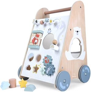 upyearling - wooden baby walker - sit to stand learning activity walker for boys and girls - easy to grip handle push walker - built-in toys and activities - promotes motor skills
