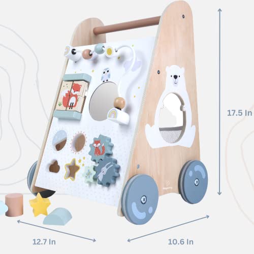 Upyearling - Wooden Baby Walker - Sit to Stand Learning Activity Walker for Boys and Girls - Easy to Grip Handle Push Walker - Built-in Toys and Activities - Promotes Motor Skills