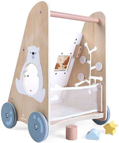 Upyearling - Wooden Baby Walker - Sit to Stand Learning Activity Walker for Boys and Girls - Easy to Grip Handle Push Walker - Built-in Toys and Activities - Promotes Motor Skills
