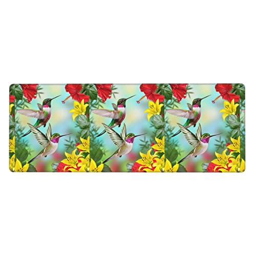 Hummingbirds On Hibiscus and Yellow Lilies Gaming Mouse Pad XL,Extended Stitched Edges Mousepad,Large Mouse Pads Desk Pad,Long Non Slip Rubber Base Desk Mat for Work,Office,Home,Computer,Laptop