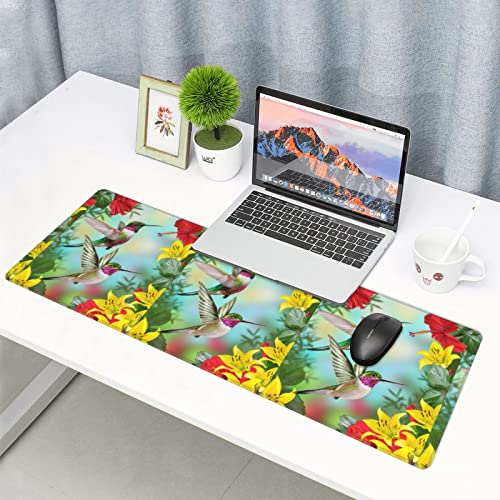 Hummingbirds On Hibiscus and Yellow Lilies Gaming Mouse Pad XL,Extended Stitched Edges Mousepad,Large Mouse Pads Desk Pad,Long Non Slip Rubber Base Desk Mat for Work,Office,Home,Computer,Laptop