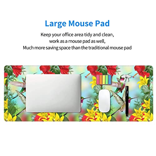 Hummingbirds On Hibiscus and Yellow Lilies Gaming Mouse Pad XL,Extended Stitched Edges Mousepad,Large Mouse Pads Desk Pad,Long Non Slip Rubber Base Desk Mat for Work,Office,Home,Computer,Laptop