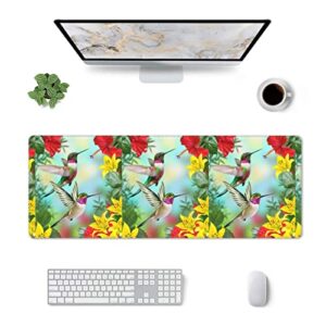 Hummingbirds On Hibiscus and Yellow Lilies Gaming Mouse Pad XL,Extended Stitched Edges Mousepad,Large Mouse Pads Desk Pad,Long Non Slip Rubber Base Desk Mat for Work,Office,Home,Computer,Laptop