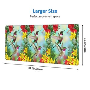 Hummingbirds On Hibiscus and Yellow Lilies Gaming Mouse Pad XL,Extended Stitched Edges Mousepad,Large Mouse Pads Desk Pad,Long Non Slip Rubber Base Desk Mat for Work,Office,Home,Computer,Laptop