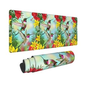 Hummingbirds On Hibiscus and Yellow Lilies Gaming Mouse Pad XL,Extended Stitched Edges Mousepad,Large Mouse Pads Desk Pad,Long Non Slip Rubber Base Desk Mat for Work,Office,Home,Computer,Laptop