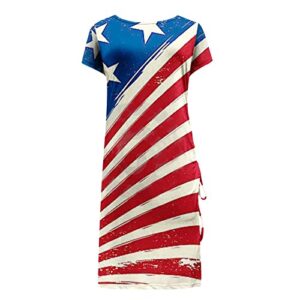 Ladies Midi Dress Drawstring Summer Patriotic Comfortable Short Sleeve Independence Day Print Mini Dresses Red