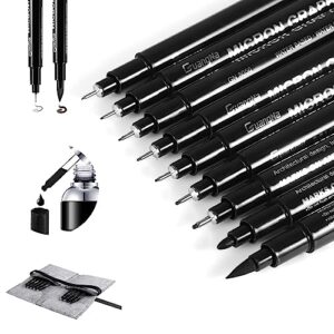 9 pcs micron pens, calligraphy pen set with felt pen case black archival ink refillable fine point drawing pens for writing, watercolor, sketching, anime, manga, art supplie assorted point sizes