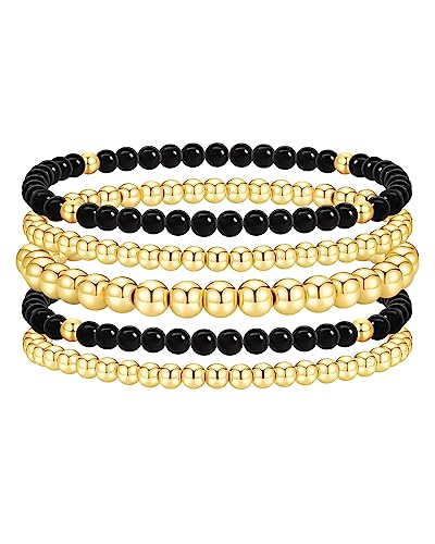 Gold Beaded Bracelets for Women Stackable Gold Bracelets for Women 14K Gold Plated Stretch Bead Ball Bracelet Hypoallergenic Bohemian Bracelets