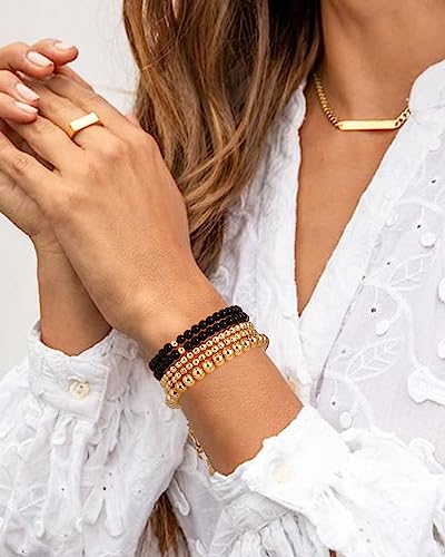 Gold Beaded Bracelets for Women Stackable Gold Bracelets for Women 14K Gold Plated Stretch Bead Ball Bracelet Hypoallergenic Bohemian Bracelets