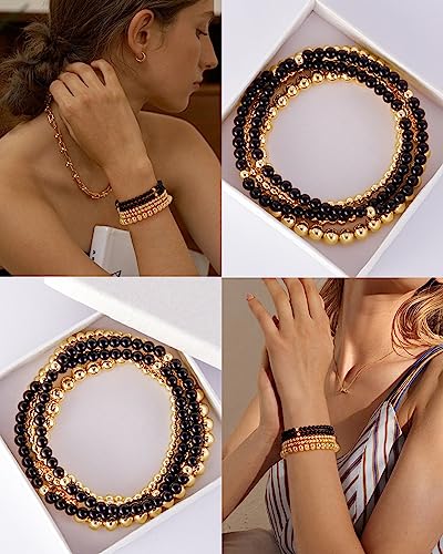 Gold Beaded Bracelets for Women Stackable Gold Bracelets for Women 14K Gold Plated Stretch Bead Ball Bracelet Hypoallergenic Bohemian Bracelets