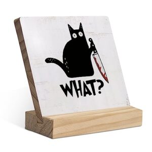 what black cat with knife wood plaque with wooden stand,halloween black cat wooden plaque sign desk decor for home living room table shelf decorations