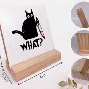What Black Cat with Knife Wood Plaque with Wooden Stand,Halloween Black Cat Wooden Plaque Sign Desk Decor for Home Living Room Table Shelf Decorations
