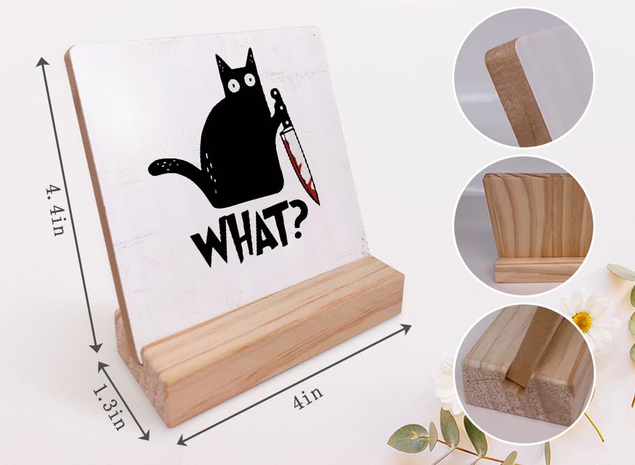 What Black Cat with Knife Wood Plaque with Wooden Stand,Halloween Black Cat Wooden Plaque Sign Desk Decor for Home Living Room Table Shelf Decorations