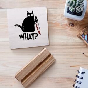 What Black Cat with Knife Wood Plaque with Wooden Stand,Halloween Black Cat Wooden Plaque Sign Desk Decor for Home Living Room Table Shelf Decorations