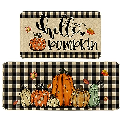 Cusugbaso Fall Kitchen Mats, Sunflower Kitchen Rugs Set of 2 - Farmhouse Plaid Pumpkins Fall Kitchen Decor for Floor - Fall Decorations for Home 17"x27+17"x47"