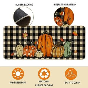 Cusugbaso Fall Kitchen Mats, Sunflower Kitchen Rugs Set of 2 - Farmhouse Plaid Pumpkins Fall Kitchen Decor for Floor - Fall Decorations for Home 17"x27+17"x47"