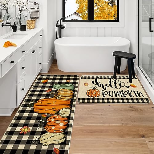 Cusugbaso Fall Kitchen Mats, Sunflower Kitchen Rugs Set of 2 - Farmhouse Plaid Pumpkins Fall Kitchen Decor for Floor - Fall Decorations for Home 17"x27+17"x47"