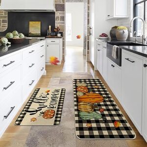 Cusugbaso Fall Kitchen Mats, Sunflower Kitchen Rugs Set of 2 - Farmhouse Plaid Pumpkins Fall Kitchen Decor for Floor - Fall Decorations for Home 17"x27+17"x47"