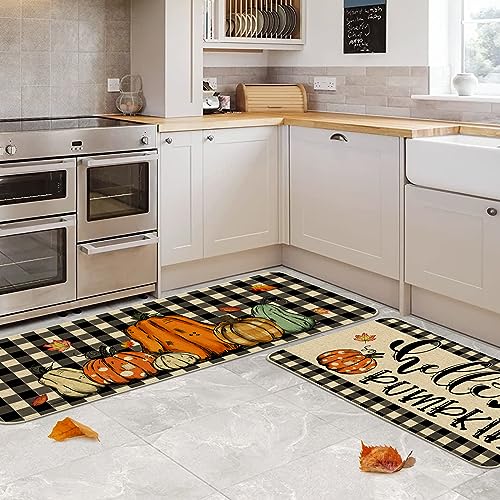 Cusugbaso Fall Kitchen Mats, Sunflower Kitchen Rugs Set of 2 - Farmhouse Plaid Pumpkins Fall Kitchen Decor for Floor - Fall Decorations for Home 17"x27+17"x47"