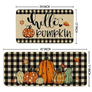 Cusugbaso Fall Kitchen Mats, Sunflower Kitchen Rugs Set of 2 - Farmhouse Plaid Pumpkins Fall Kitchen Decor for Floor - Fall Decorations for Home 17"x27+17"x47"