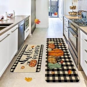 Cusugbaso Fall Kitchen Mats, Sunflower Kitchen Rugs Set of 2 - Farmhouse Plaid Pumpkins Fall Kitchen Decor for Floor - Fall Decorations for Home 17"x27+17"x47"