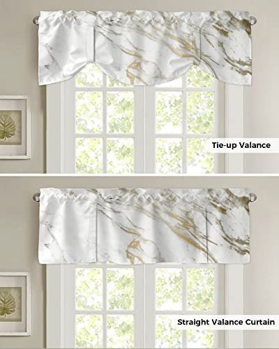 JasmineM White Gold Marble Tie Up Valance Curtains for Living Room, Adjustable Rod Pocket Kitchen Valances for Windows Bedroom Bathroom, Wild Symbol Shades Window Treatment, 42x12inch