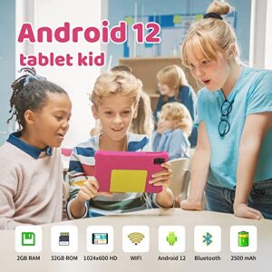 Fullant Kids Tablet 7 inch, Android 12 Tablet for Kids,IPS HD Display,2GB RAM 32GB ROM,Quad Core Processor,Dual Camera,Kidoz Preinstalled,Parental Control Tablets (Pink)