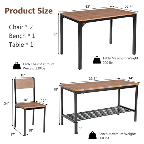 Tangkula 4-Piece Dining Table Set, Kitchen Table with Bench and Chairs, Metal Frame, Space-Saving Furniture, Modern 4-Person Dinette for Kitchen, Dining Room