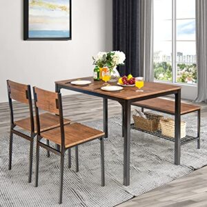 Tangkula 4-Piece Dining Table Set, Kitchen Table with Bench and Chairs, Metal Frame, Space-Saving Furniture, Modern 4-Person Dinette for Kitchen, Dining Room