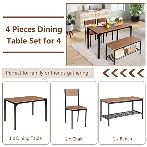 Tangkula 4-Piece Dining Table Set, Kitchen Table with Bench and Chairs, Metal Frame, Space-Saving Furniture, Modern 4-Person Dinette for Kitchen, Dining Room